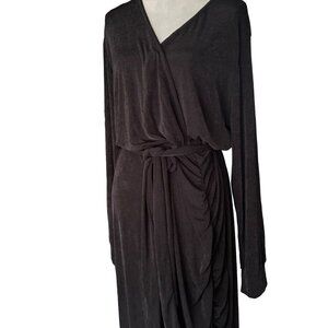 Ashley Sport Black Stretchy Belted Waist Long Sleeve Evening Dress V Neck Ruched